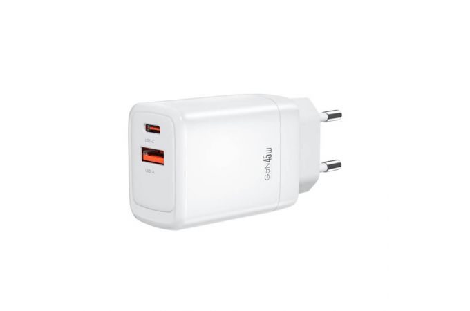 Сетевое зарядное устройство USB+USB-C + кабель Type-C-Type-C XO CE16 45W GaN Fast Charger (1USB-C 45W/1USB-A 22.5W) White