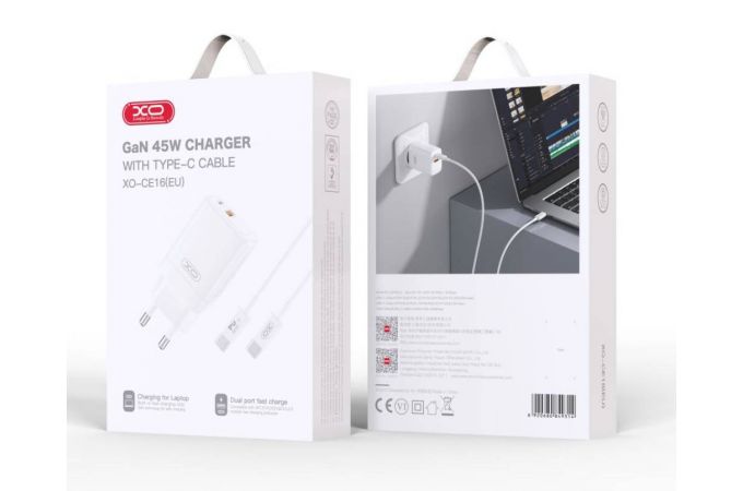 Сетевое зарядное устройство USB+USB-C + кабель Type-C-Type-C XO CE16 45W GaN Fast Charger (1USB-C 45W/1USB-A 22.5W) White