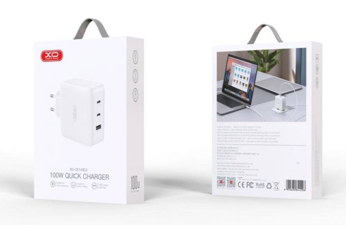 Сетевое зарядное устройство USB + 2 USB-C XO CE14 (EU) 100W GaN tech fast charging (2USB-C 100W/1USB-A 18W)  White