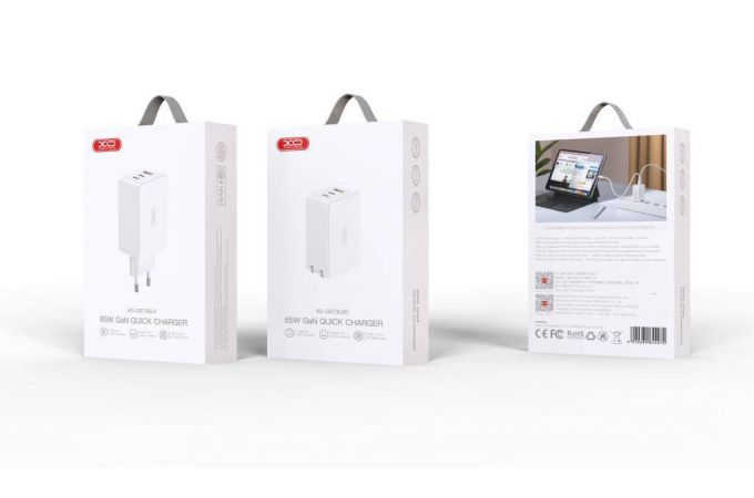 Сетевое зарядное устройство USB + 2 USB-C XO CE13 (EU) 65W GaN tech fast charging (2USB-C 65W/1USB-A 22.5W) White
