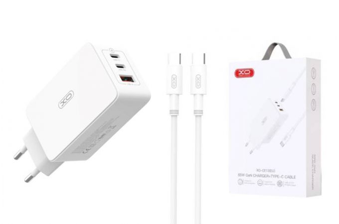 Сетевое зарядное устройство USB + USB-C + кабель Type-C - Type-C XO CE13 (EU) 65W GaN tech (NB207) White