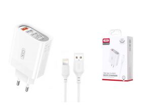 Сетевое зарядное устройство USB + USB-C +  кабель Lightning XO L100 fast charging 1USB QC3.0+3USB 2.4A White