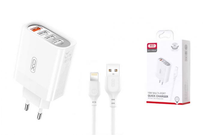 Сетевое зарядное устройство USB + USB-C +  кабель Lightning XO L100 fast charging 1USB QC3.0+3USB 2.4A White