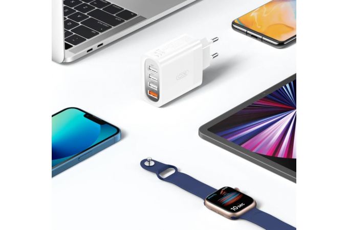 Сетевое зарядное устройство USB + USB-C +  кабель Lightning XO L100 fast charging 1USB QC3.0+3USB 2.4A White