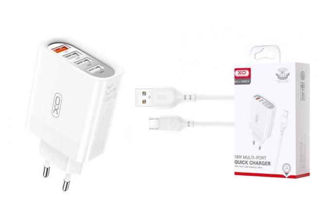 Сетевое зарядное устройство 4USB + кабель MicroUSB XO L100( 4USB fast charging 1USB QC3.0+3USB 2.4A White