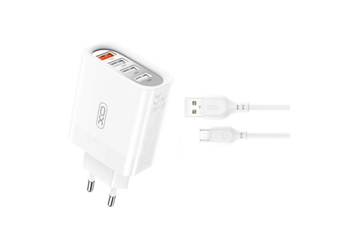 Сетевое зарядное устройство 4USB + кабель MicroUSB XO L100( 4USB fast charging 1USB QC3.0+3USB 2.4A White