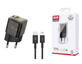 Сетевое зарядное устройство USB +  USB-C + кабель Lightning - Type-C XO CE05(EU) GAN PD30W+QC3.0 18W Brown