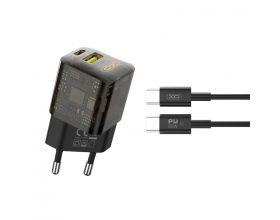 Сетевое зарядное устройство USB + USB-C + кабель Type-C XO CE05  GAN PD30W+QC3.0 18W fast charger Brown