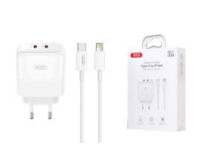 Сетевое зарядное устройство 2USB-C + кабель Lightning - Type-C XO L140 Dual C35W Fast Chargers White