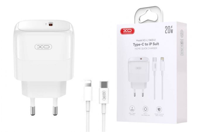 Сетевое зарядное устройство USB-C + кабель Lightning - Type-C XO L136 PD20W Fast Charging White