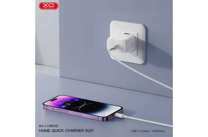 Сетевое зарядное устройство USB-C + кабель Lightning - Type-C XO L136 PD20W Fast Charging White
