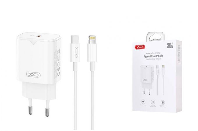 Сетевое зарядное устройство USB-C + кабель Lightning - Type-C XO L131 PD30W Fast Charging White