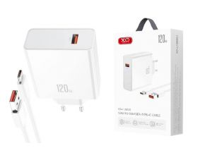 Сетевое зарядное устройство USB + кабель Type-C XO L128 120W USB-A fast charging White