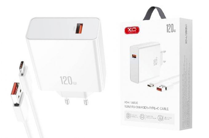 Сетевое зарядное устройство USB + кабель Type-C XO L128 120W USB-A fast charging White