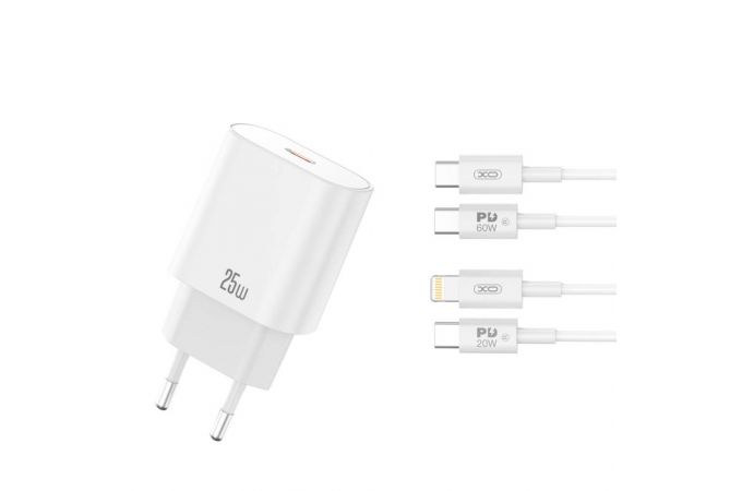 Сетевое зарядное устройство USB-C + кабель Lightning - Type-C XO CE25(EU) PD25W Fast Charger White