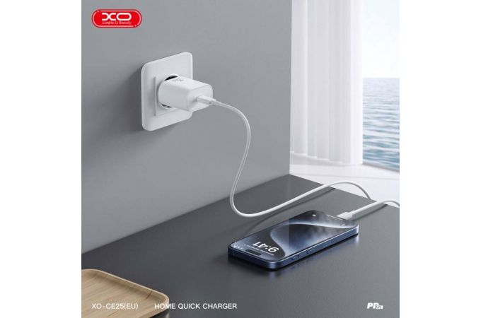 Сетевое зарядное устройство USB-C + кабель Lightning - Type-C XO CE25(EU) PD25W Fast Charger White