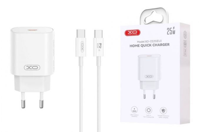 Сетевое зарядное устройство USB-C + кабель Type-C-Type-C XO CE25( PD25W Fast Charger White