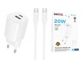 Сетевое зарядное устройство USB-C+ кабель Type-C - Type-C BOROFONE BA104A Pudding PD20W+QC3.0 (белый)