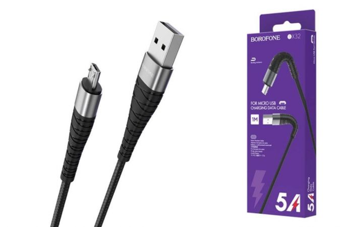 Кабель USB - MicroUSB BOROFONE BX32 2.4A (черный) 0.25м (в оплетке)