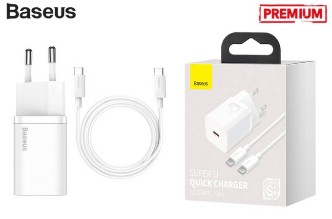 Сетевое зарядное устройство USB-C + кабель Type C Baseus Super Si Quick Charger 1C 25W EU, 3A, 1m, (белый)