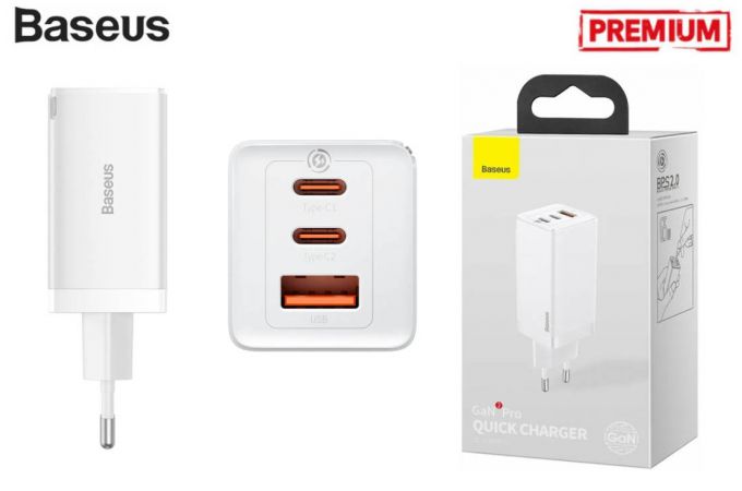 Сетевое зарядное устройство USB + 2USB-C Baseus GaN5 Pro Fast Charger 2C+U 65W EU  1m (белый)