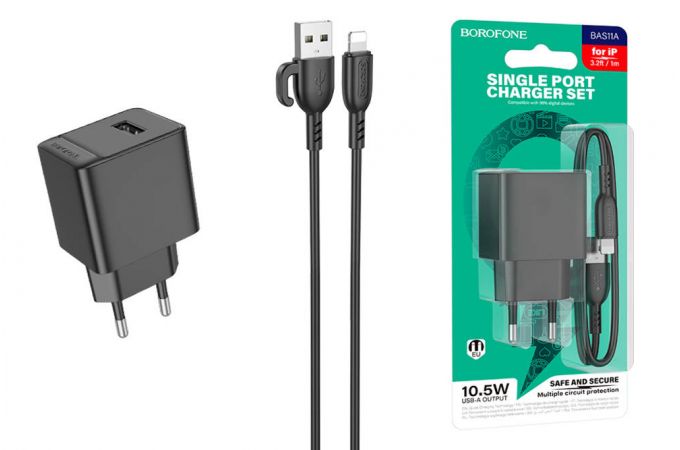 Сетевое зарядное устройство USB + кабель Lightning BOROFONE BAS11A Erudite  (черный)