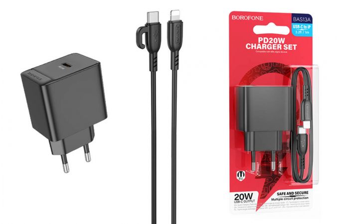 Сетевое зарядное устройство USB + кабель Lightning BOROFONE BAS13A Erudite single port PD20W  (черный)