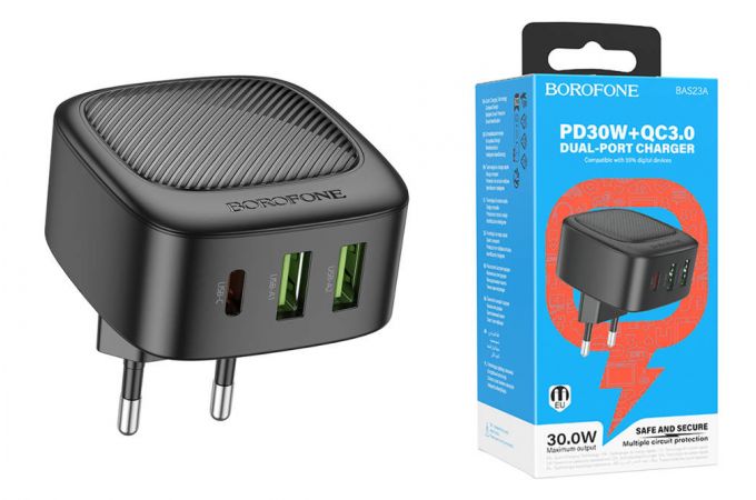 Сетевое зарядное устройство 2USB + USB-C BOROFONE BAS23A Lucky PD30W (черный)