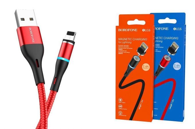 Кабель USB - Lightning BOROFONE BU16, 2,4A (красный) 1,2м (магнитный, в оплетке, LED индикатор)