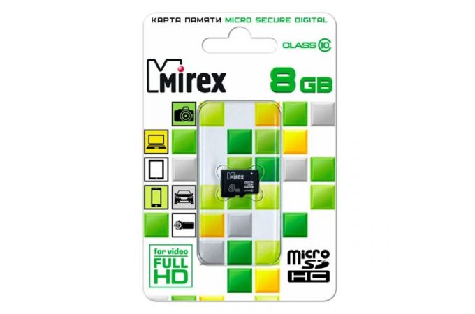 Карта памяти microSDHC MIREX 8 GB (class 10) без адаптера (13612-MC10SD08)