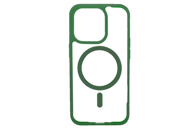 Чехол пластиковый прозрачный для iPhone 14 Pro (6.1) MagSafe с силиконовым (цвет зеленый лес) бампером