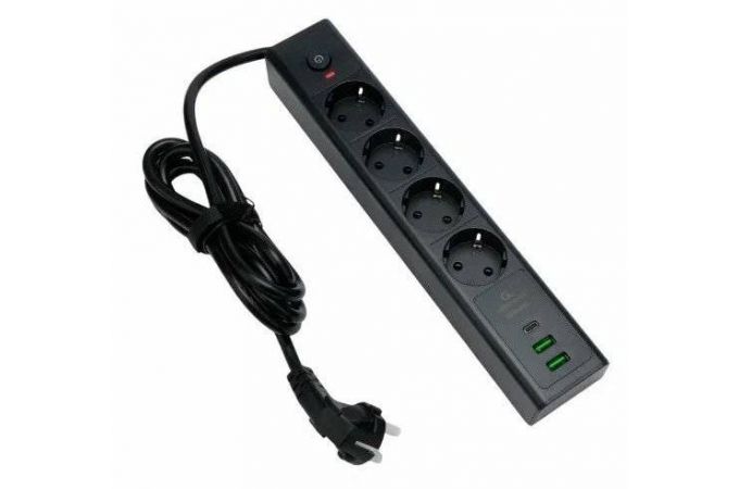 Сетевой фильтр с USB заряд. Cablexpert Exnovo EXN-4-CU2-B-2 черный, 4розетки, 16А, 1xType-C PD, 30Вт, 2хUSB, 2м