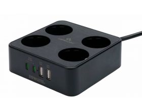 Сетевой фильтр с USB заряд. Cablexpert Plate PLT-4-C2U2-B-3 черный, 4 розетки, 10А, 2xType-C PD, 2хUSB, 2.4A, 3м.
