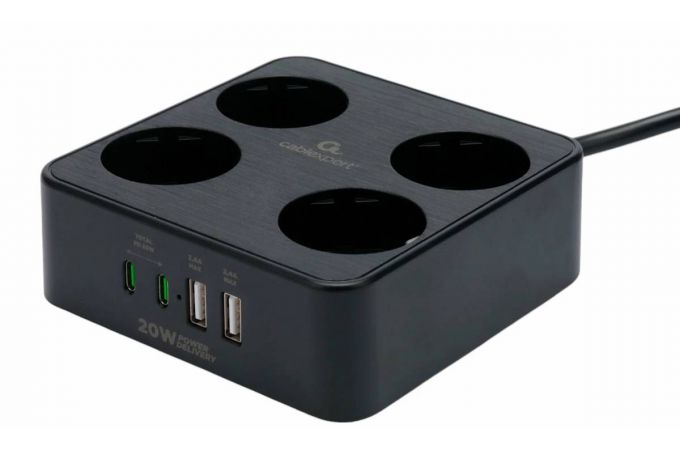 Сетевой фильтр с USB заряд. Cablexpert Plate PLT-4-C2U2-B-3 черный, 4 розетки, 10А, 2xType-C PD, 2хUSB, 2.4A, 3м.