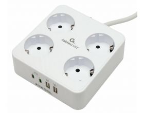 Сетевой фильтр с USB заряд. Cablexpert Plate PLT-4-C2U2-W-3 белый, 4 розетки, 10А, 2xType-C PD, 2хUSB, 2.4A, 3м.