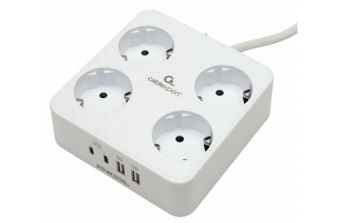 Сетевой фильтр с USB заряд. Cablexpert Plate PLT-4-C2U2-W-3 белый, 4 розетки, 10А, 2xType-C PD, 2хUSB, 2.4A, 3м.