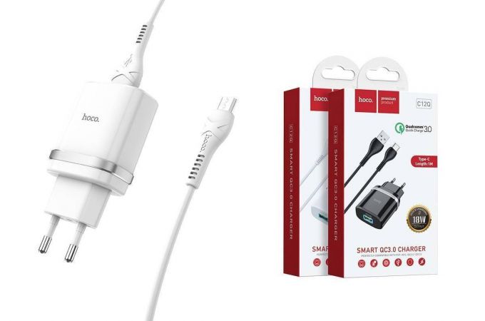Сетевое зарядное устройство 2USB + кабель MicroUSB HOCO C12Q (быстрая зарядка) 3000 mAh (белый)