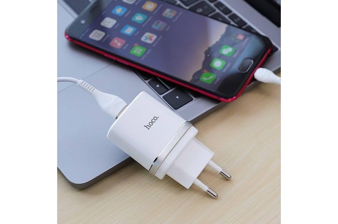 Сетевое зарядное устройство 2USB + кабель MicroUSB HOCO C12Q (быстрая зарядка) 3000 mAh (белый)