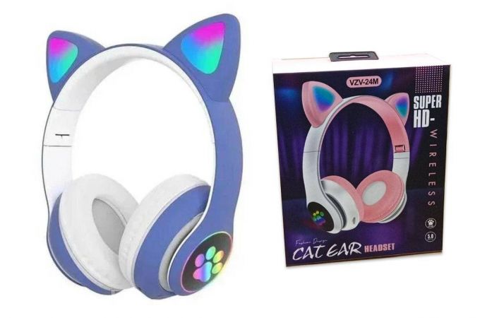 Наушники мониторные беспроводные с кошачьими ушками и RGB подсветкой Cat VZV-24M Bluetooth (синий)