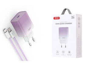 Сетевое зарядное устройство USB + USB-C + кабель Lightning - Type-C XO CE18 PD30W purple