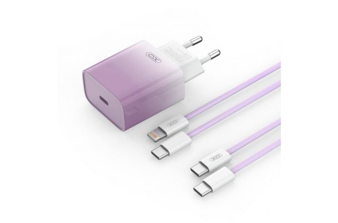 Сетевое зарядное устройство USB + USB-C + кабель Lightning - Type-C XO CE18 PD30W purple