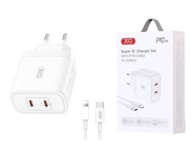 Сетевое зарядное устройство 2USB-C + кабель Lightning - Type-C XO CE08 (EU) PD50W White