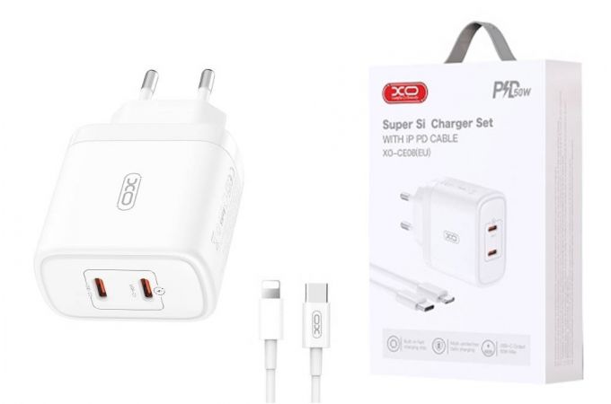 Сетевое зарядное устройство 2USB-C + кабель Lightning - Type-C XO CE08 (EU) PD50W White