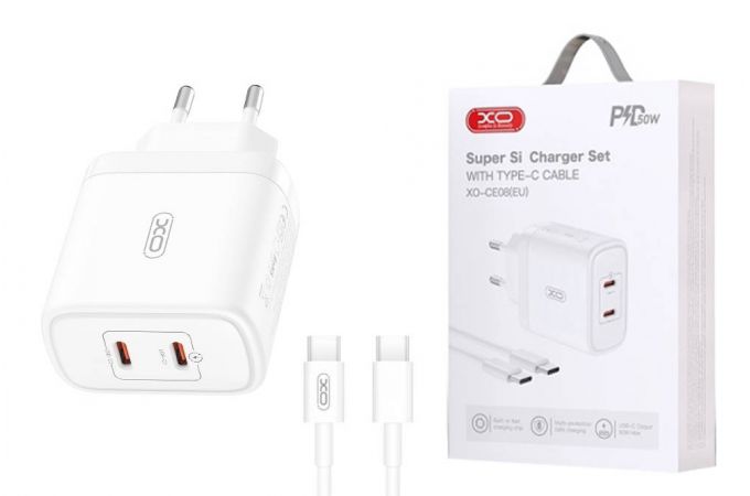 Сетевое зарядное устройство USB-C + кабель Type-C-Type-C XO CE08 PD50W(2USB-C) Fast Charger CE White