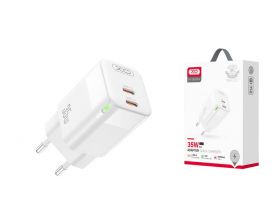 Сетевое зарядное устройство 2 USB-C XO CE07(EU) Dual PD 35W GaN lamp display fast Charger White