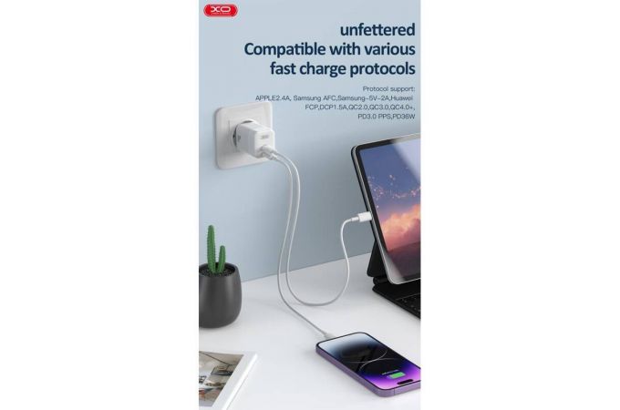 Сетевое зарядное устройство USB + USB-C + кабель Lightning - Type-C XO CE07(EU) PD 35W GaN lamp display White