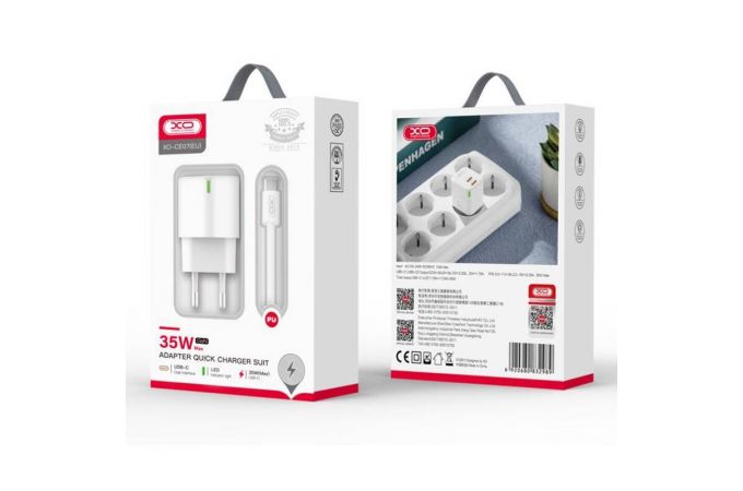 Сетевое зарядное устройство USB + USB-C + кабель Lightning - Type-C XO CE07(EU) PD 35W GaN lamp display White