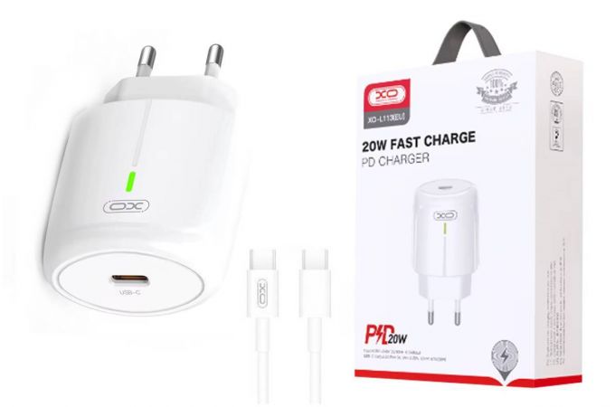 Сетевое зарядное устройство USB-C + кабель Type-C-Type-C XO L113  PD20W with LED White