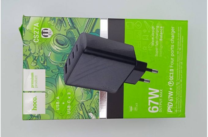 Сетевое зарядное устройство USB + USB-C HOCO CS27A Supply PD67W(3C1A) (черный) (УЦЕНКА! МЯТАЯ УПАКОВКА)