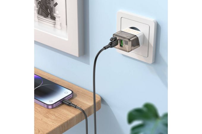 Сетевое зарядное устройство USB + USB-C + кабель Lightning - Type-C BOROFONE BA80A charger PD+QC3.0 (прозрачный)